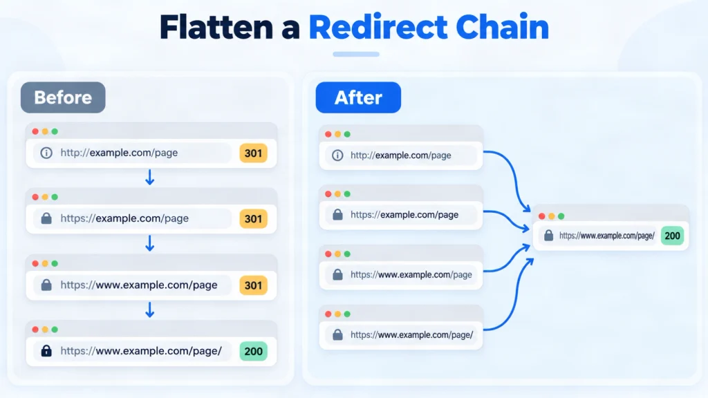 Four URL variants collapsing from a three-hop redirect chain into single redirects to one final URL