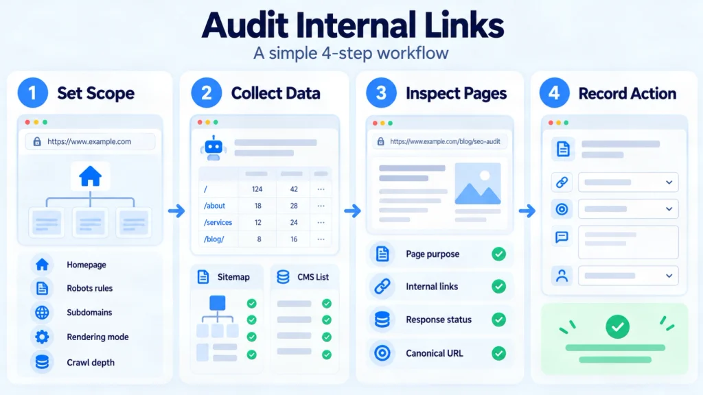 Alt text: Four-step internal linking audit process covering crawl scope, data collection, page inspection and corrective actions.
