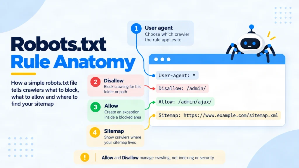 Robots.txt rule anatomy showing user-agent, disallow, allow and sitemap directives