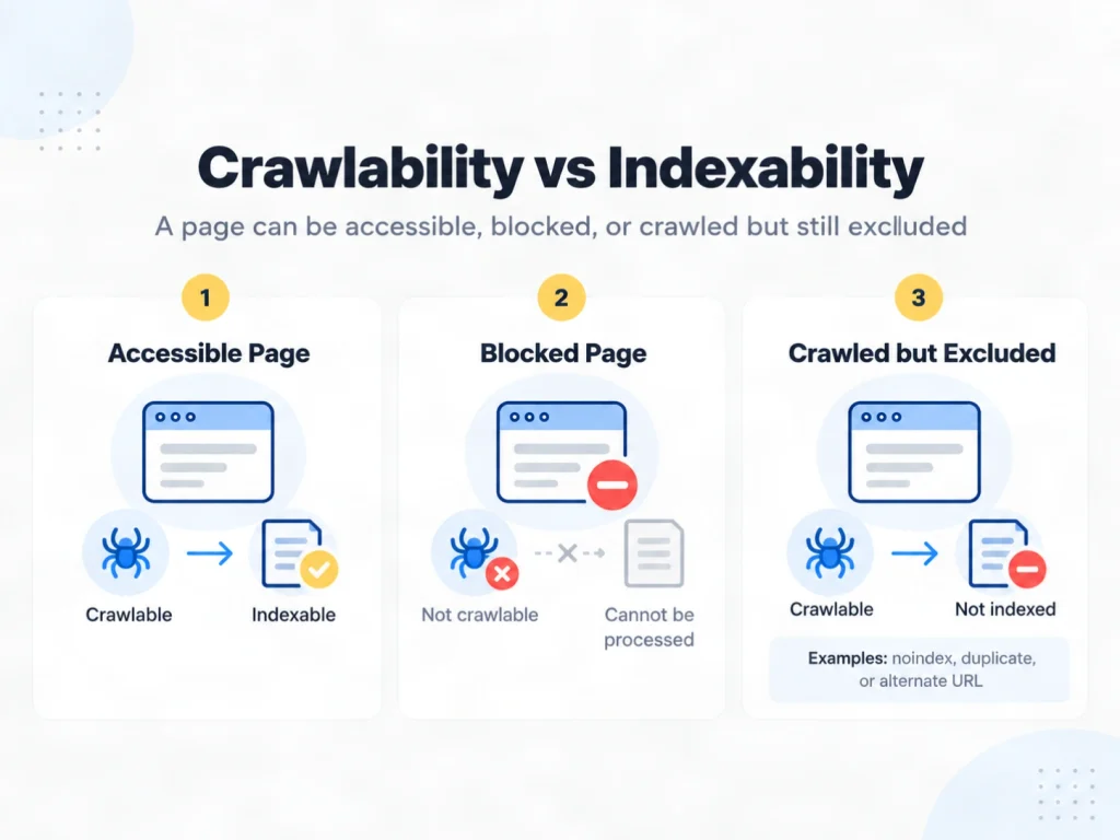 Difference between crawlable, blocked and crawled but excluded web pages
