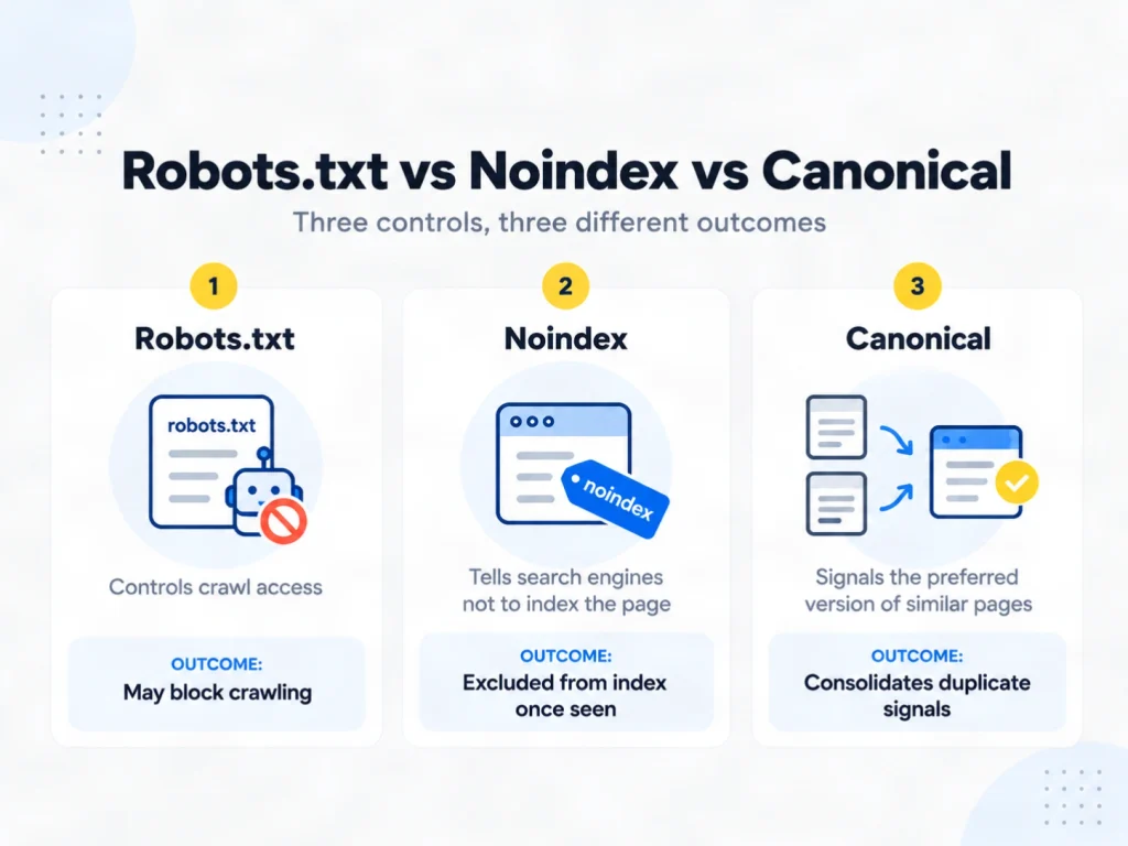 Comparison of robots.txt, noindex and canonical controls in technical SEO