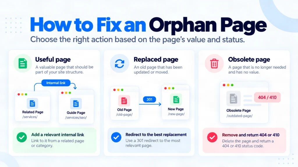 Orphan page fixes showing a useful page linked, a replaced page redirected and an obsolete page removed