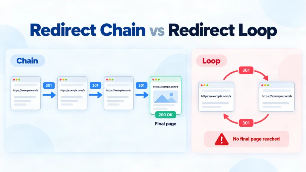 Diagram comparing a redirect chain with multiple 301 redirects leading to a final 200 OK page and a redirect loop where URLs redirect endlessly without reaching a final page.