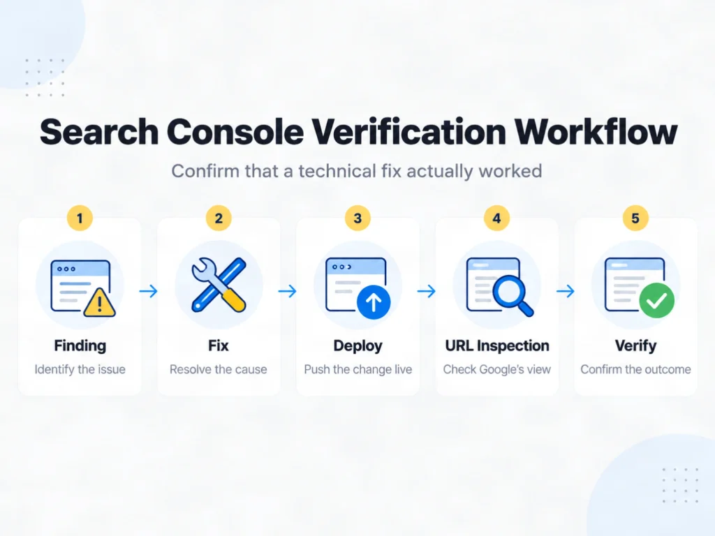Technical SEO workflow from finding and fixing an issue to deployment and verification