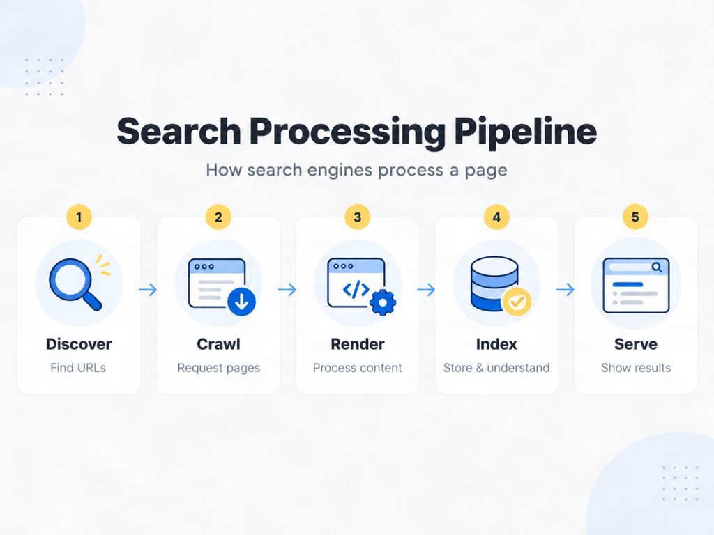 Search engine process from discovery and crawling to rendering, indexing and serving